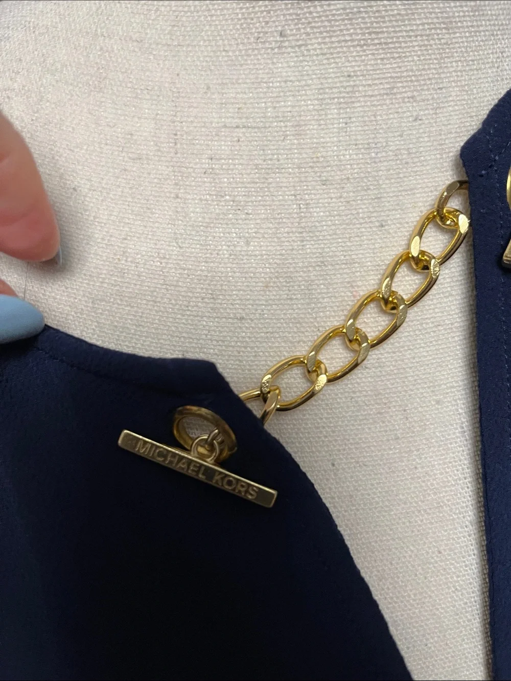 Michael Kors Navy Short-Sleeve Blouse with Gold Chain Accent